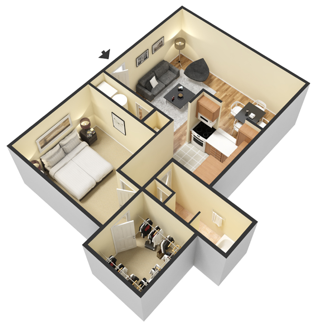 1 Bed - 1 Bath, 600 sq ft, Timberland Lodge Townhome floorplan